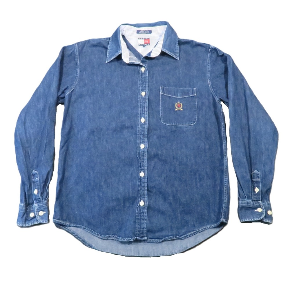 Tommy Hilfiger Denim Shirt Womens 8 Blue Star Crest Embroidered Vintage 90s Y2K
